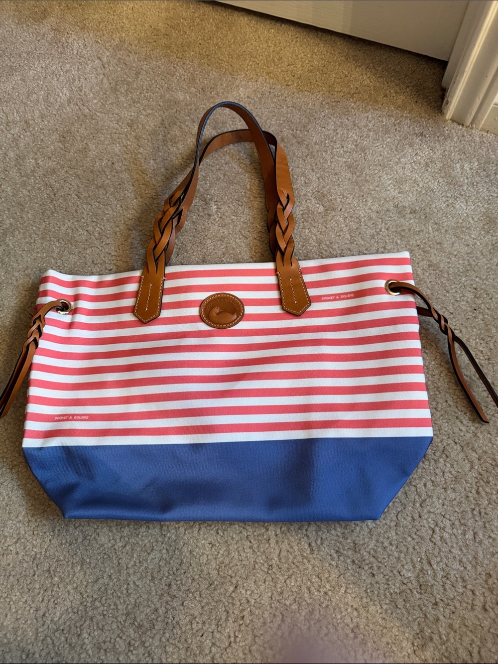 DOONEY & BOURKE - Nautical Striped Coral & Navy Tote Bag with Braided Handles